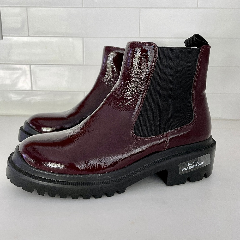 Blondo Cayla Waterproof Lug Sole Bootie Burgundy Patent Size 6.5